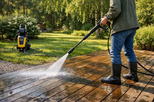 Painepesuri käytössä terassin puhdistuksessa suomalaisessa pihassa