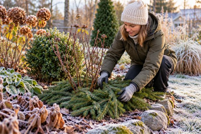 Puutarhuri suojaa ruusupensaan tyveä havunoksilla ennen talven pakkasia.