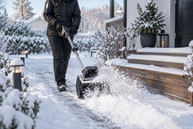 Akkulumilapiolla poistetaan tuoretta lunta pihan kapealta kulkuväylältä.