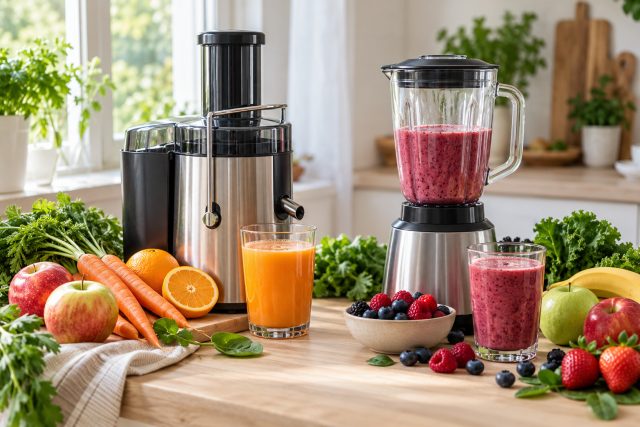 Mehustin ja blenderi vierekkäin keittiötasolla hedelmien, kasvisten, tuoremehun ja smoothien kanssa