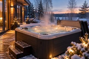 Ulkoporeallas talvisella terassilla, jossa lämmin vesi höyryää kylmässä ilmassa